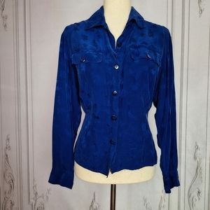 Vintage Tahari 100% Silk Button Up Blouse Royal Blue Sz 10